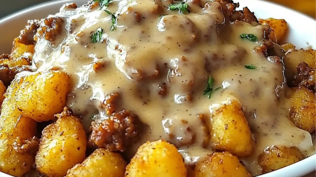 a white plate topped with tater tots covered in gravy