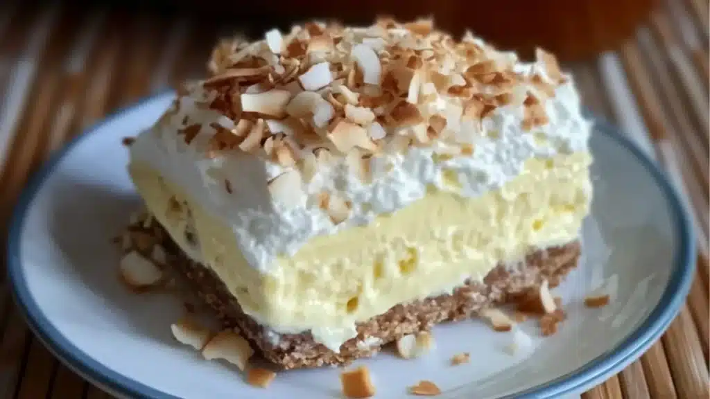 a close up of a dessert on a plate with the words coconut cream lush desert