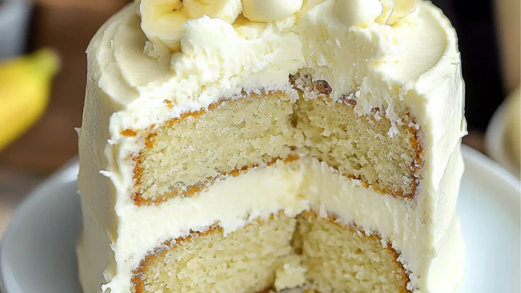 two pictures side by side of a banana cream cake on a plate