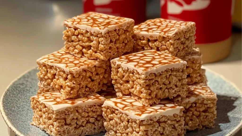 rice krispie treats with peanut butter on top and in the background, there is a jar of biscoff rice krispies