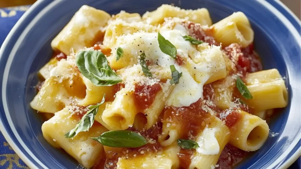pasta alla sorrentina with spinach and tomato sauce on a white plate