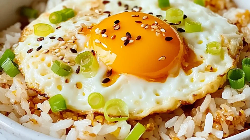 two plates with rice and fried eggs on them, one has an egg in the middle