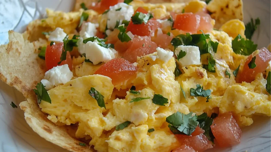 mexican scrambled eggs in a skillet with tomatoes, jalapenos and avocado