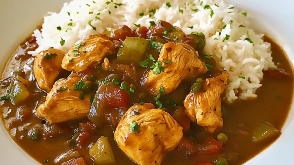 chicken and tofu stew in a skillet with rice