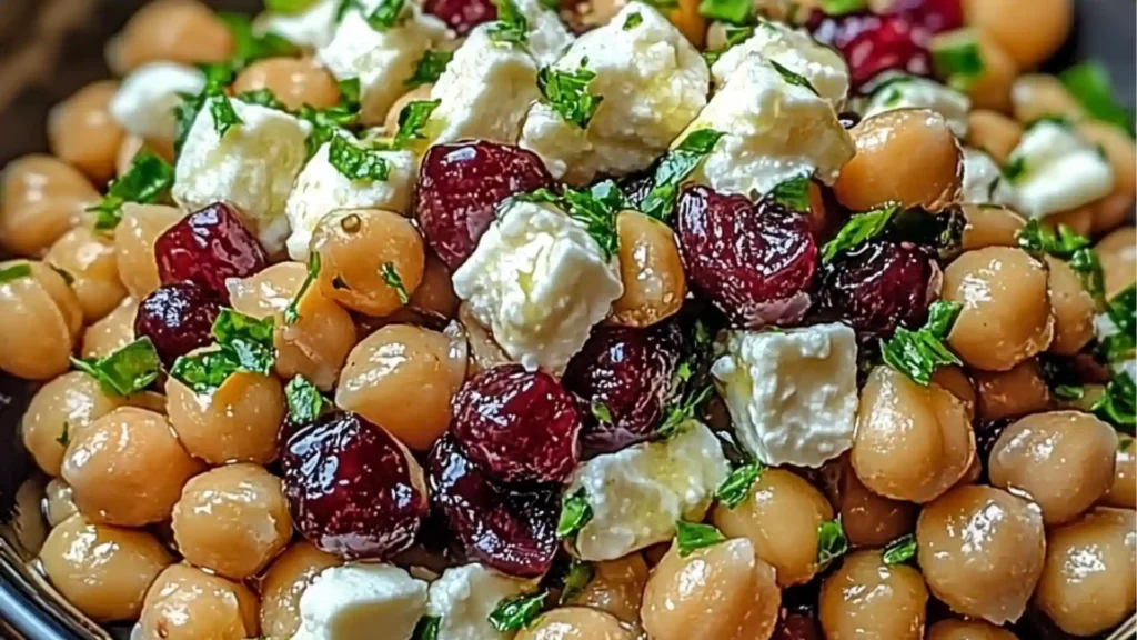 a salad with chickpeas, onions and feta cheese in a brown bowl