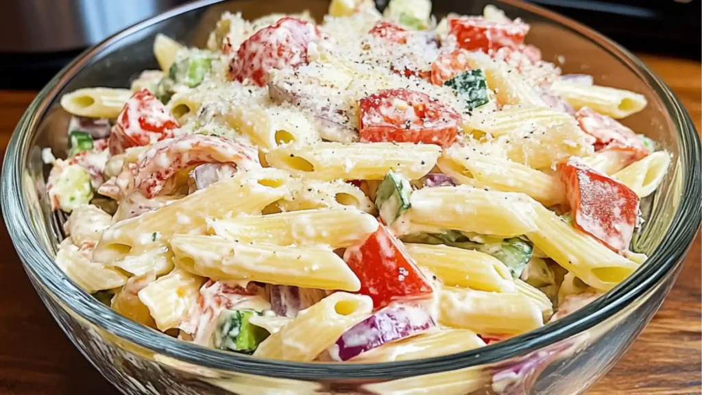 the ingredients for this pasta salad are shown in separate bowls and on top of each other