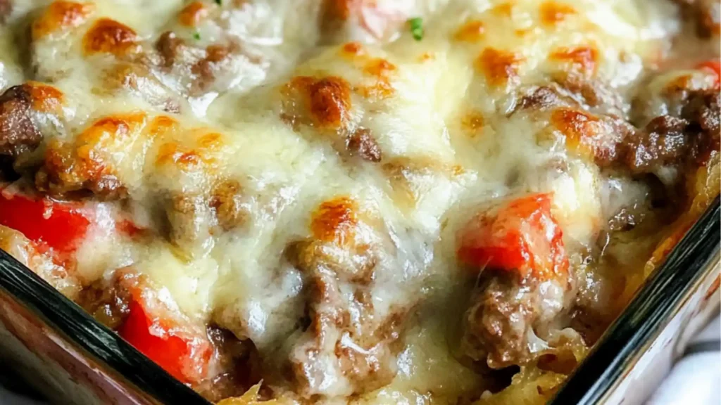 low carb phily cheesesteak casserole is an easy dinner recipe