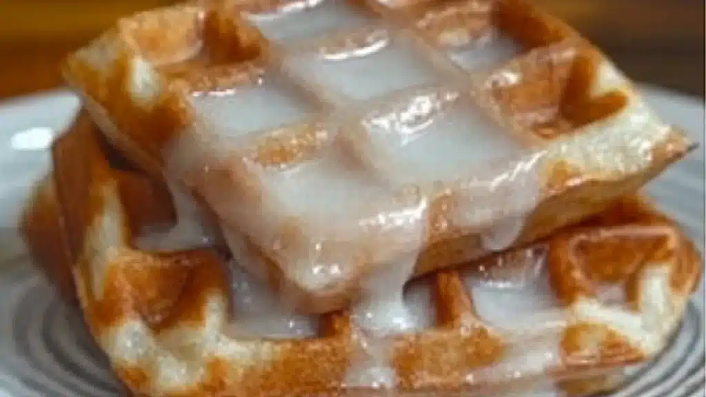 a stack of waffles covered in syrup and apple slices on a cooling rack