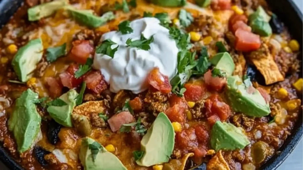 one pan gluten free enchilada skillet with avocado and sour cream