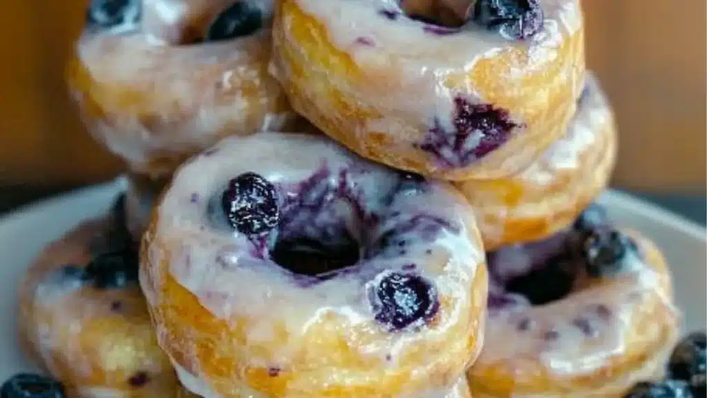 blueberry baked doughnuts stacked on top of each other with the words, blueberry baked donuts