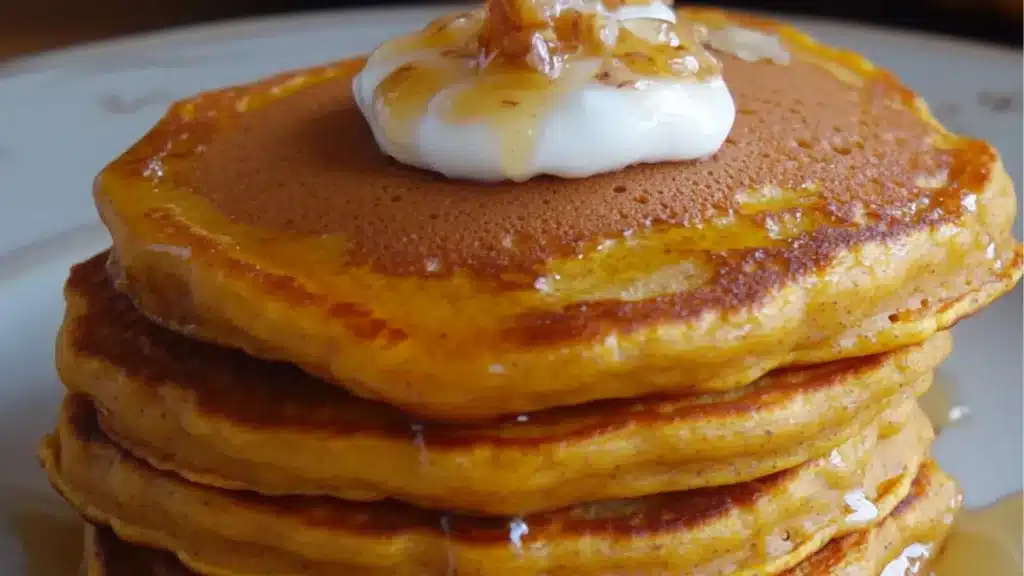 pumpkin pancakes on a white plate with text overlay that reads, pumpkin pancakes low carb and healthy