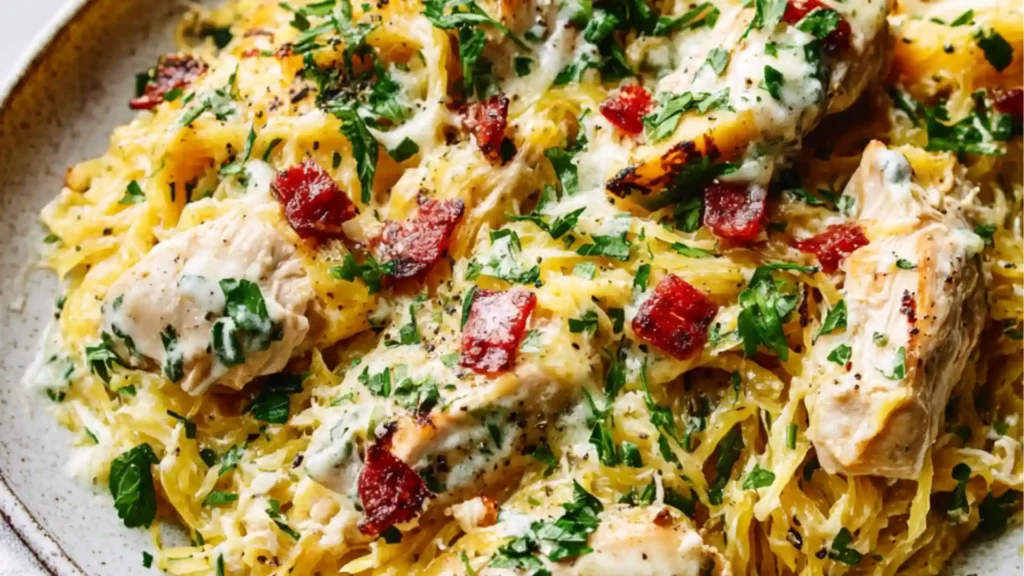 chicken and spaghetti casserole recipe in a skillet