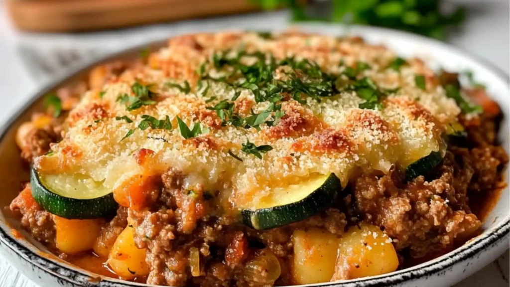 two different views of a casserole dish with cheese and meat in it, one is