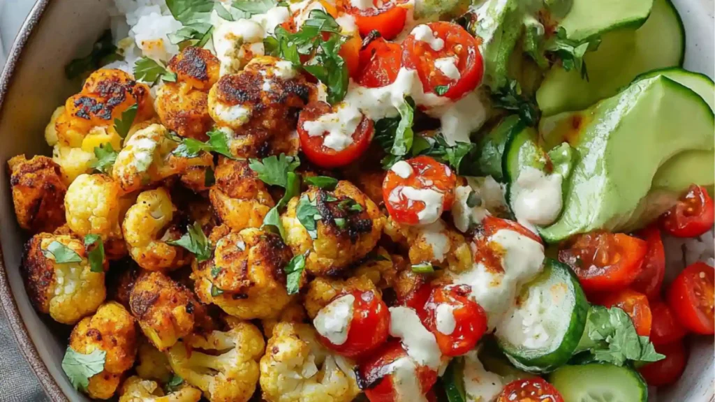 two plates filled with cauliflower, rice and avocado garnishes