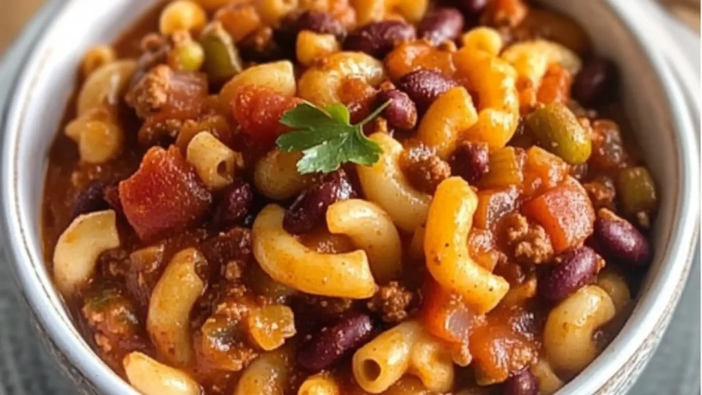 a skillet filled with vegetarian chili macaroni and cheese