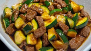 ground beef zucchini skillet with zucchini slices in it and the recipe below
