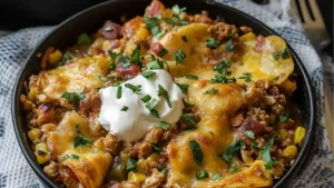 a bowl filled with taco casserole and topped with sour cream