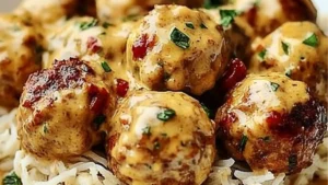 a blue pot filled with meatballs covered in sauce and garnished with herbs