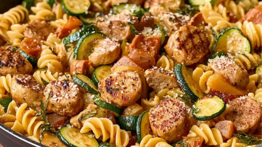 pasta with sausage, zucchini and tomatoes in a bowl