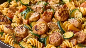 pasta with sausage, zucchini and tomatoes in a bowl