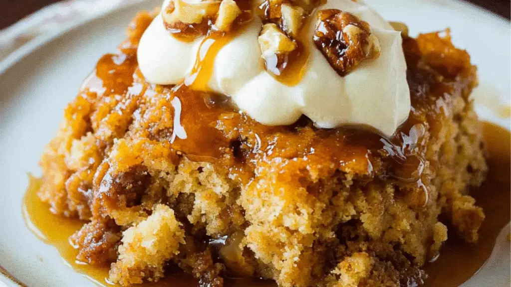 a piece of pumpkin dump cake with whipped cream on top