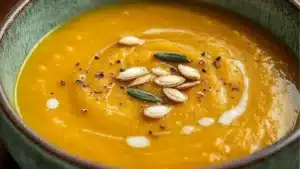 two pictures showing different types of soups with the words, coconut curry pumpkin soup