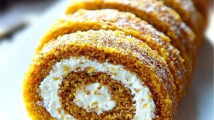there are two pictures of pumpkin rolls and one is cut in half to show the inside