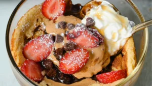 baked desserts in glass dishes with spoon on table