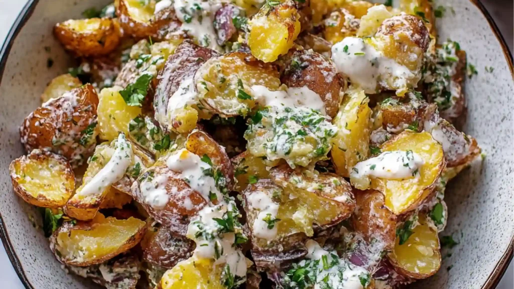 crispy smashed potato salad in a bowl