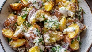 crispy smashed potato salad in a bowl