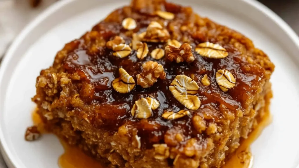 pumpkin baked oatmeal with chocolate chips and eggs in the middle, on top of