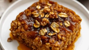 pumpkin baked oatmeal with chocolate chips and eggs in the middle, on top of