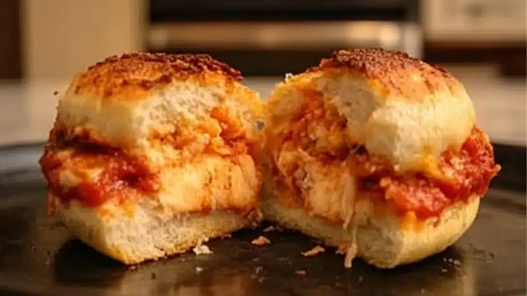 halloween chicken parm sliders on a plate with olives and toothpicks