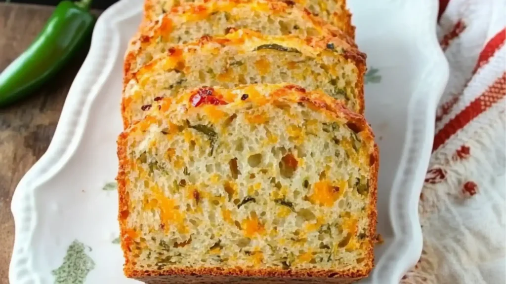 garlic herb jalapeno cheddar beer bread on a wooden cutting board