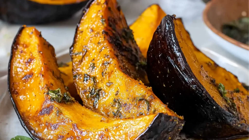 roasted pumpkin on a white plate with herbs