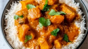 pumpkin curry with chickpeas and coconut served in a white casserole dish