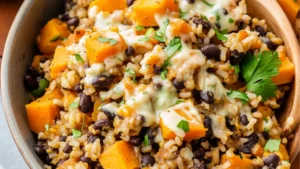southwest sweet potato black bean and rice skillet with avocado slices on the side