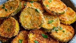 air fryer fried pickles on a white plate with dipping sauce in the middle