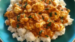 two plates filled with chicken and rice covered in sauce, garnished with cilantro