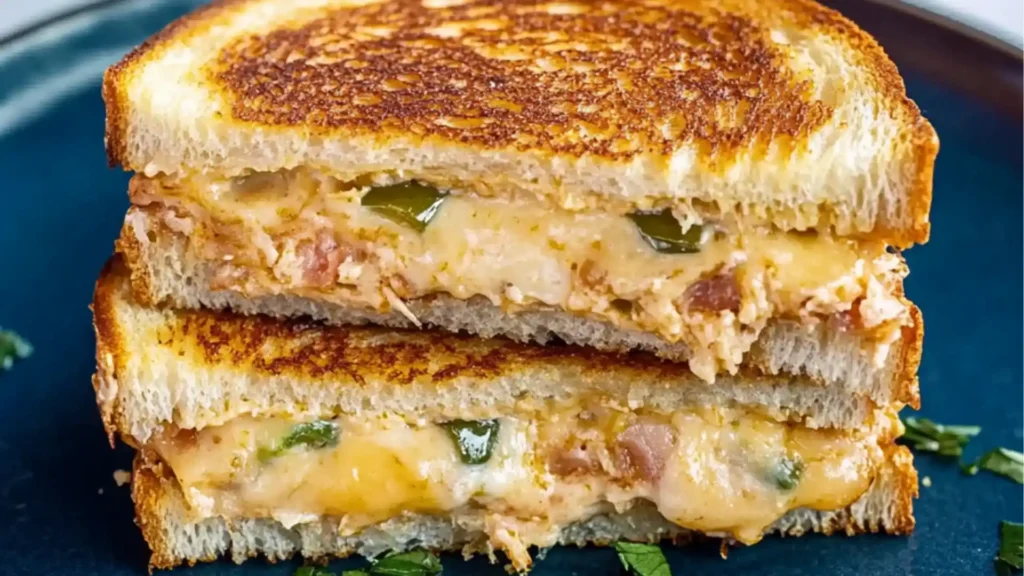 A roasted jalapeno popper grilled cheese sandwich on a plate, cut open showing the filling. Three additional images of the sandwich are shown indicating the assembly one with jalapeno cream cheese, one with bacon, and finally with cheese.