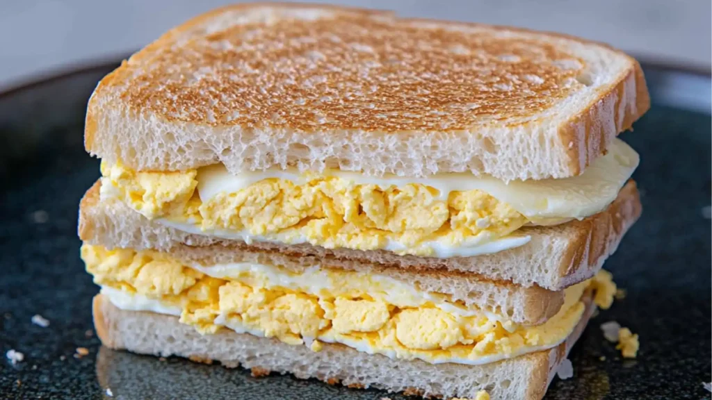 an egg sandwich cut in half and stacked on top of each other next to a bowl of rice
