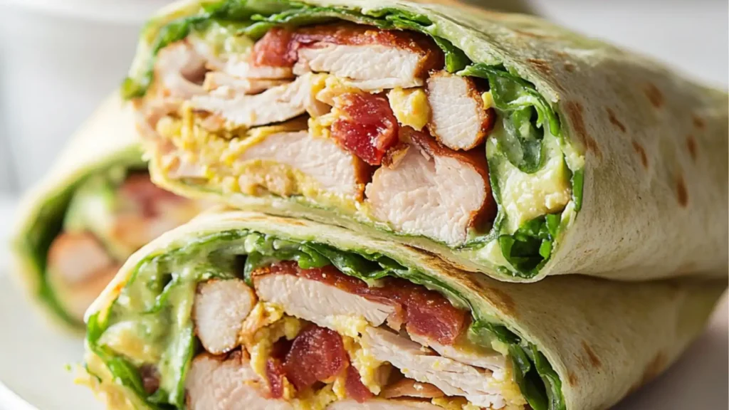 the california turkey club wraps are cut in half and stacked on top of each other