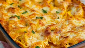 a bowl of pasta with text overlay that reads easy alfredo tortellini bake - "This was amazing!! My whole family loved it and it is hard to find something everyone likes!!"