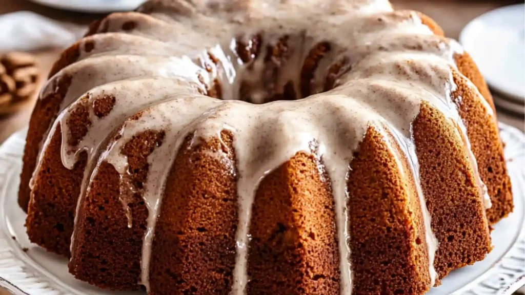pumpkin spice bundt cake with brown sugar and cream cheese glaze on the side