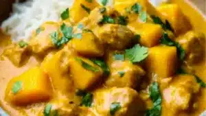 mango chicken curry with white rice and cilantro garnish on the side