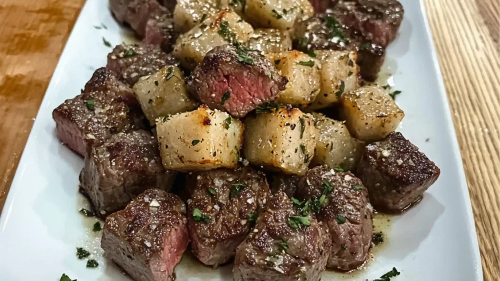 air fryer garlic butter steak bites in a white bowl with the title above it