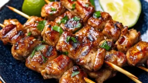 grilled thai chicken skewers on a cutting board with text overlay that reads grilled thai coconut chicken skewers
