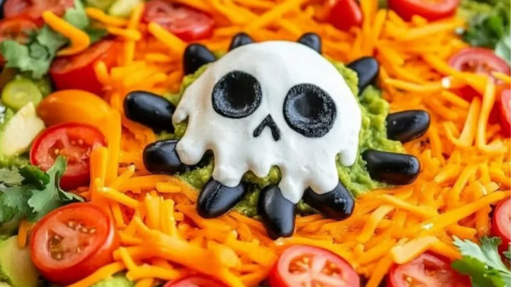spooky 7 - layer halloween taco dip with spider web decoration