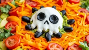 spooky 7 - layer halloween taco dip with spider web decoration