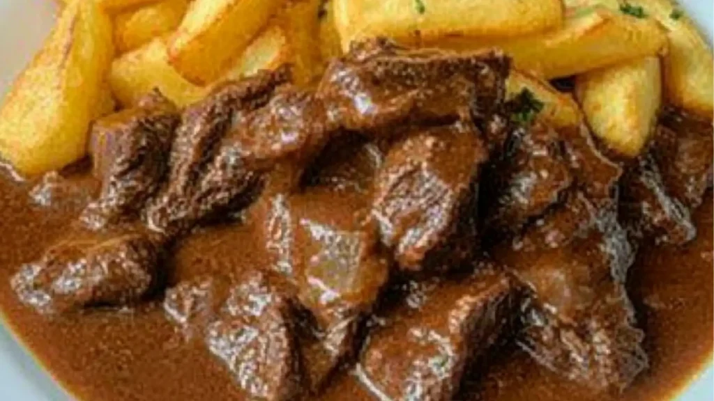 beef and vegetable stew in a pot with the title above it reads beef carbonnade